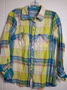 Maurices Neon Plaid Light Weight Button Down Roll Sleeve Womens Medium Shirt